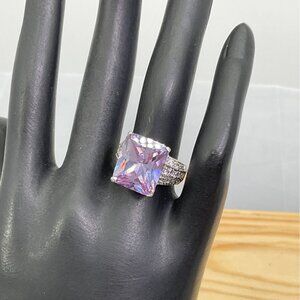Purple Princess Cut Silver Band Rhinestone Cocktail Ring